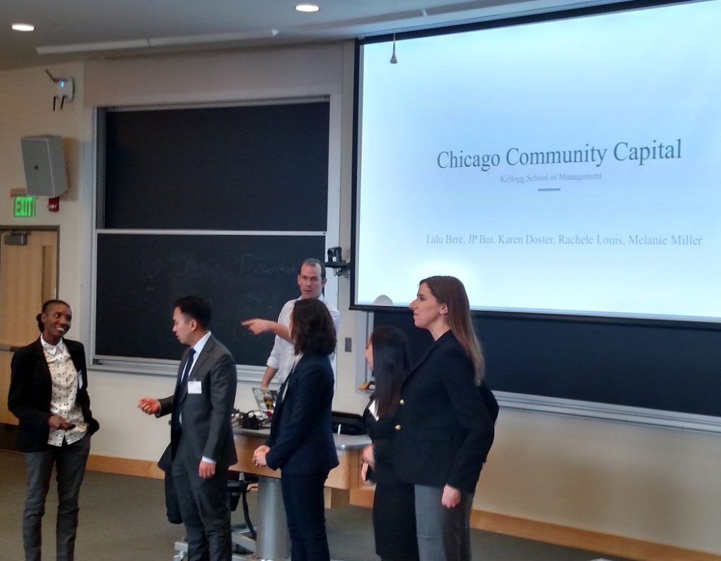 Students of the Kellogg School of Management give a presentation on Chicago Community Capital and small business financing